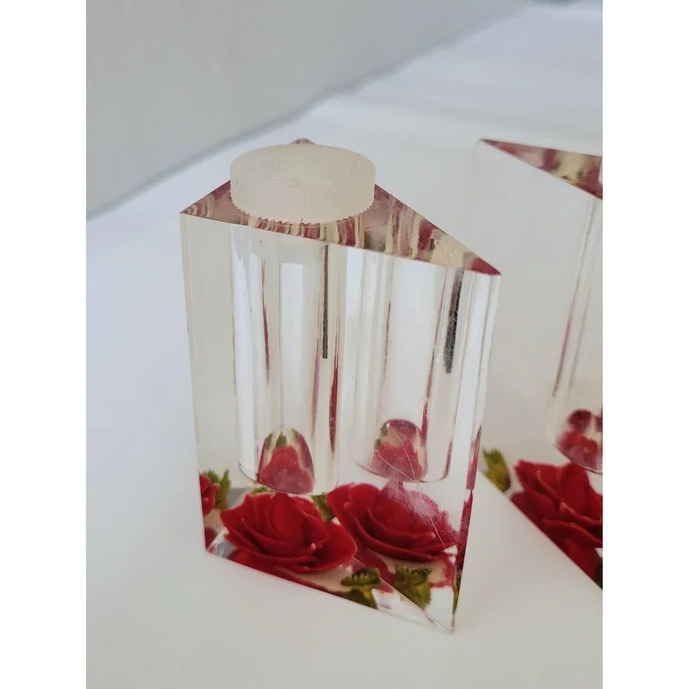 Vintage Clear Lucite Salt and Pepper Shakers Reverse Carved Red Roses Bircraft